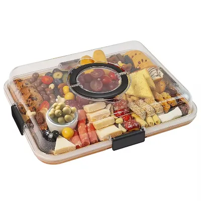 Wholesale Bamboo Cheese Board Charcuterie Board with Built-in Compartments and Clear Locking Lid