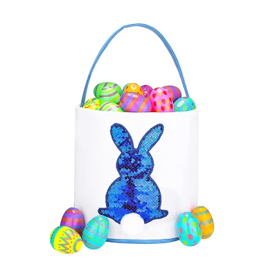 Custom Canvas Rabbit-Shaped Easter Basket with Sequins Embroidery Hot Selling Kids Easter Party Decoration