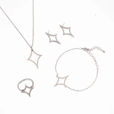 White Zircon Four-Pointed Star Luxury Four-Piece Set Necklace Ring Earrings Bracelet Brass Silver/Gold Plated Best Gift Set