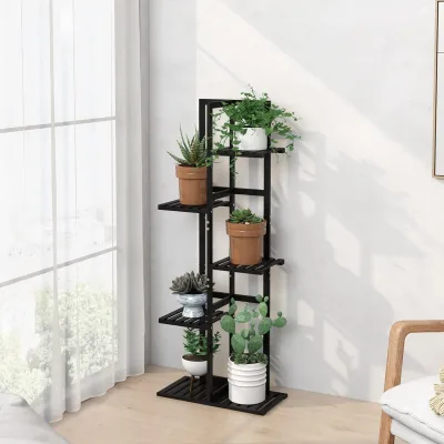 5 Tier Black Bamboo Plant Stand Rack Indoor Outdoor 6-Potted Multiple Flower Pot Holder Shelf Patio Garden Living Room Balcony