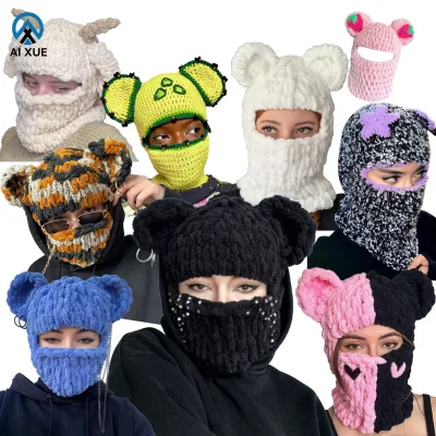2025 New Arrival Pure Hand-Knitted Bear Ear Balaclava Sweet Cool Spice Girl Winter Fashion Street Ski Mask for Adults for Travel