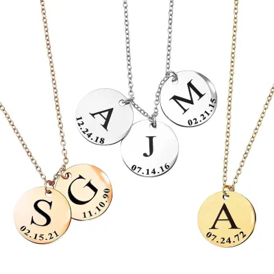Custom Name Letter Date Necklace Personalized Commemorative Necklace Round Stainless Steel Engrave Fine Pendant Necklaces