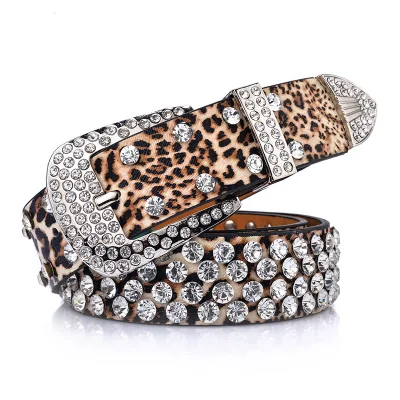 West Cowgirl Crystal Belt Fashion Women Leopard Rhinestone Inlaid Soft Pu Leather Belt