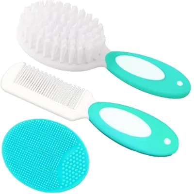 3 PCS Baby Grooming Set Toddler Bath Cleaning Natural Soft Bristles Cradle Cap Comb Hair Brush for Newborns Toddlers