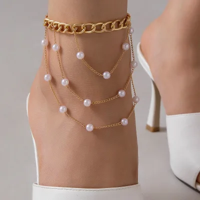 2025 New Fashion Simple Foot Decoration Pearl Beaded Multi-Layer Anklet Every Beach Wind Anklet