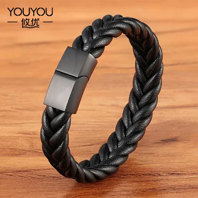 2026 New Arrival Jewelry Stainless Steel Gold Plated Woven Real Leather Engravable Bracelets for Men and Women