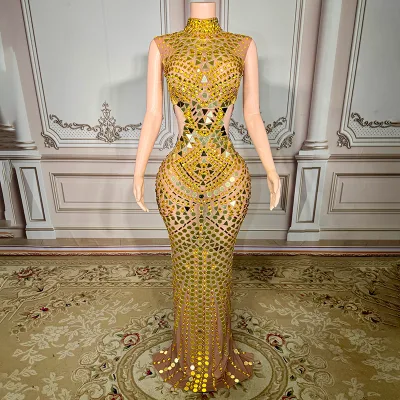 Gold Rhinestone Clothing Womens Elegant Lady Clothes Sleeveless Luxury Evening Dresses for Birthday Party