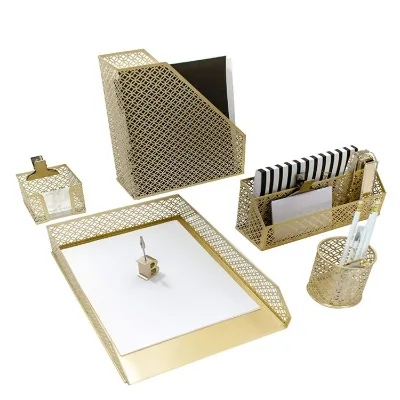 5 Piece Cute Gold Desk Organizer Set Desk Organizers and Accessories Wood Desk Organizers and Accessories for Women