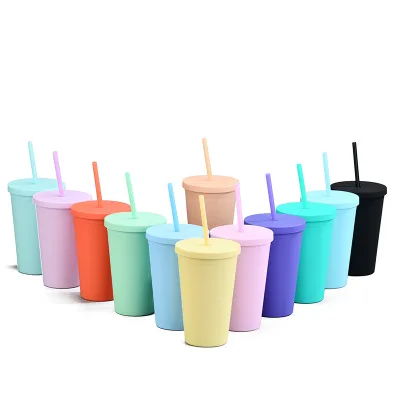 Customizable 16-oz Cross-Border Candy-Colored Double-Layer Acrylic Straw Cup Frosted Surface Eco-Friendly On-The-Go Tumbler for