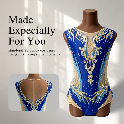 Custom Girls' Rhythmic Gymnastics Sleeveless Spandex/Cotton Blue Gold Rhinestone Mesh Competition Costume for Kids Stage Dress