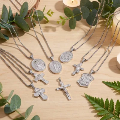 Multiple Vintage Stainless Steel Box Chain Cross Pendant Necklaces Religious Charm Jewelry Pendant Necklaces