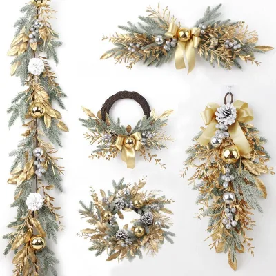 Golden Flower Christmas Wreath  Rattan Door Decoration Hanging Upside Down Tree Wholesale Christmas Artificial Wreath Garland