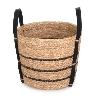 Handwoven Seagrass Cattail Laundry Basket with Black Handles Rustic Farmhouse for Living Room Bedroom Bathroom Home Organizer