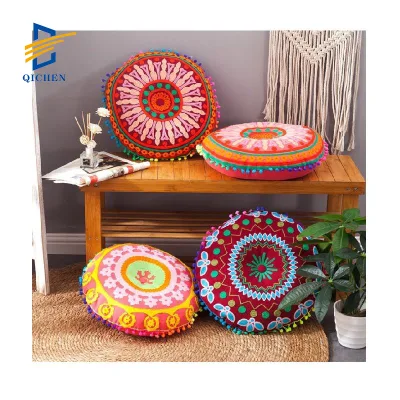 Innermor D40cm Luxury Embroidery Pillowcase Pompom Piped Boho Inserts Geometric Floor Cushion Cover for Hotel Office Polyester