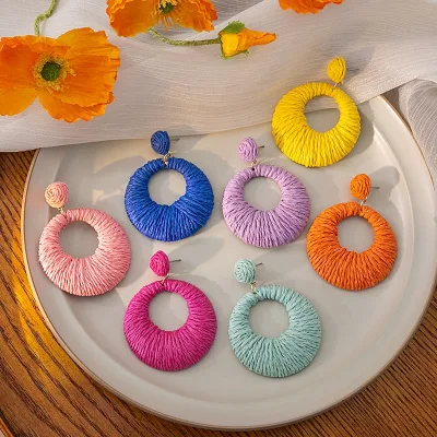 Vintage Colorful Handmade Rattan Grass Stud Earrings Raffia Geometric Round Stud Earring for Women Beach Holiday Gift Wholesale