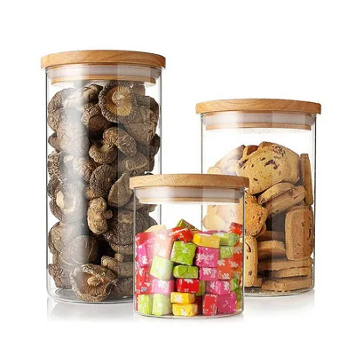 eco-friendly high borosilicate Kitchen Food seasoning nut Storage Container airtight Glass food storage Jar With Bamboo Lid