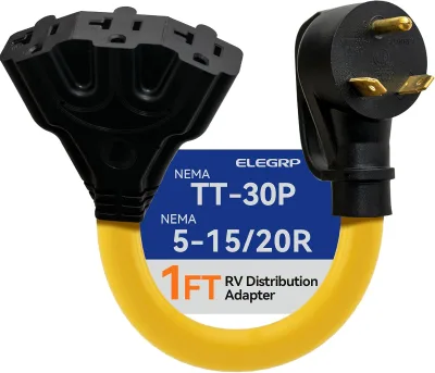 ELEGRP 30 Amp to 110V RV Adapter Plug, RV Distribution Adapter Cord, NEMA TT-30P Male to Triple 5-15R/5-20R Outlet Splitter
