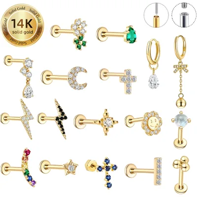 Wholesale Luxury Fine 14K Solid Gold Internally Threaded Labret /Push-pin CZ Cartilage Tragus Helix Piercing Earring Jewelry