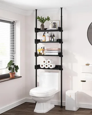 92-116 Inch Black Wood 4-Tier Adjustable Shelves Modern Toilet Storage Bathroom Organizer Furniture Narrow Space Bathroom