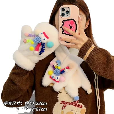 Linda Winter Cute Cartoon Girl Outdoor Cycling Warm Plush Girl Heart Mitten Cold Protection Knitted Gloves