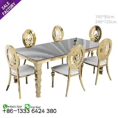 Cheap Price Rectangle Earth Back Chair Glass Tables Luxury Design Wedding Party Furniture Stainless Steel Table and Chair Set