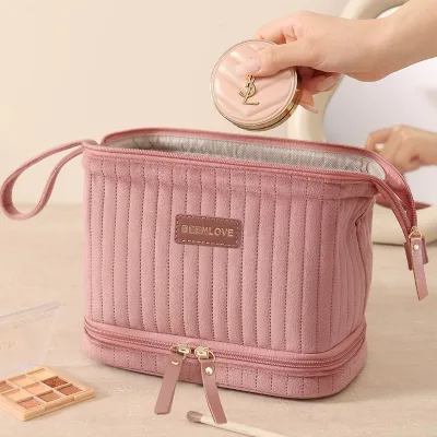Luxury Dutch Velvet Multi-functional Cosmetic Bag Double Layer Wide Opening Makeup Storage Large Capacity Toiletry Bag