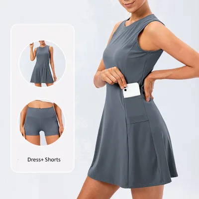 Women's Sleeveless Exercise Tennis Dress with Built-in Bra & Shorts Golf Workout Athletic Dresses Pockets