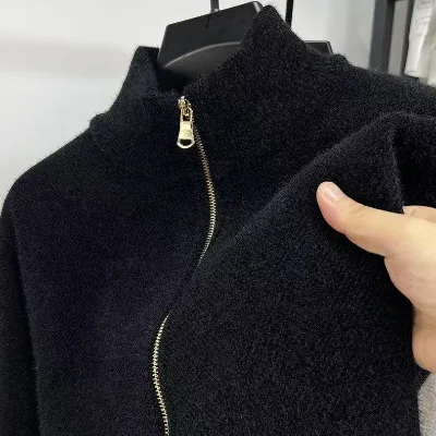 Trendy Stand Collar Knitted Jacket Zip up Design Minimalist Solid Color Men's Knitwear