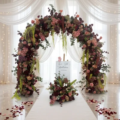 H-1015 New style Wholesale Customized Red Lifelike Silk Wedding Artificial Flower Arch With Brackets for Easy Installation