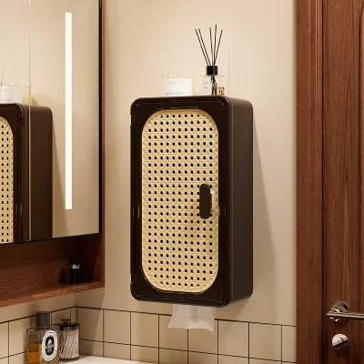 Vintage-Style Faux Rattan Wall-Mounted Plastic Storage Cabinet Bathroom Cosmetics Shelf with Spice Rack and Tissue Box