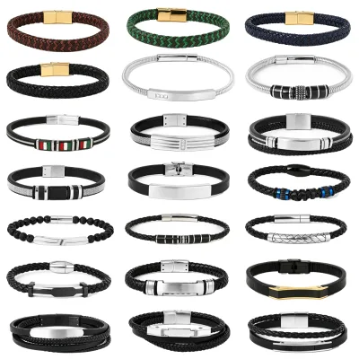 Forever Season Men Braided Leather Bracelet 316L Stainless Steel Magnetic Clasp Hip Hop Jewelry Wholesale OEM Custom