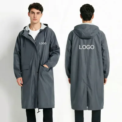 Wholesale Custom Logo Long Rain Jacket for Adults Unisex 240T Pongee Waterproof Trench Coat with Adjustable Hood