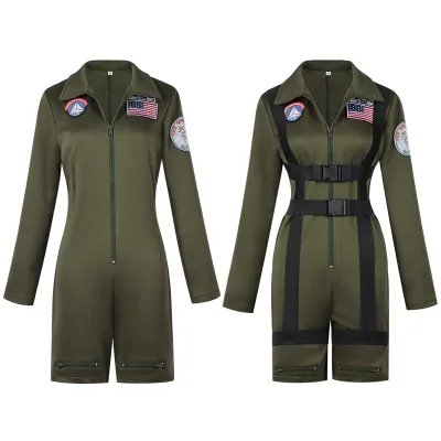 Cross-border New Adult Pilot Suit Green Uniform Halloween Jumpsuit Cosplay Stage Performance Unisex Polyester Long Sleeve