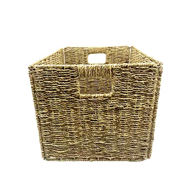 Factory Wholesale Stackable Hand Woven Eco Friendly Large Foldable Lid Seagrass Straw Storage Sea Grass Basket with Handles
