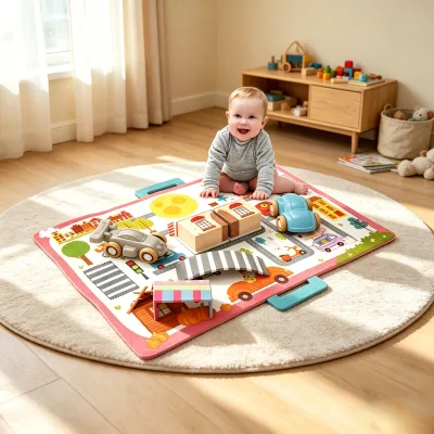 Cartoon Educational Indoor Crawling Gym Play Mat with Two Car Baby Toys Musical Toy for 6 Month Olds