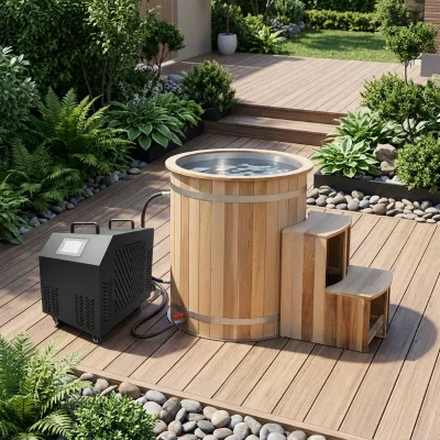Small Single-person Indoor Outdoor Household Stainless Steel Liner Solid Wood Ice Bath with Easy to Operate Bluetooth Controlled