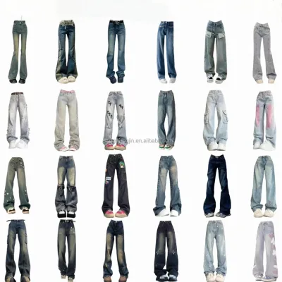 High Waisted Vintage Women's Jeans Loose Fit Wide Leg Denim Pants with Embroidery & Rivet Decor Plus Size Softener Fabric