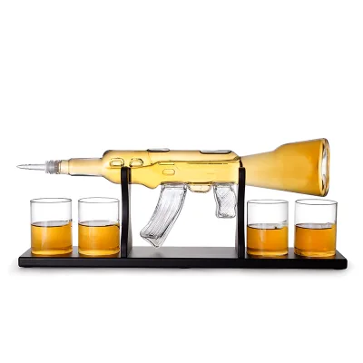 Home Bar Decor Liquor Dispenser Base Ak 47 Gun Whiskey Decanter Gift Set with Glass and Wooden Wine Vodka Glass Bottle Zhonglong