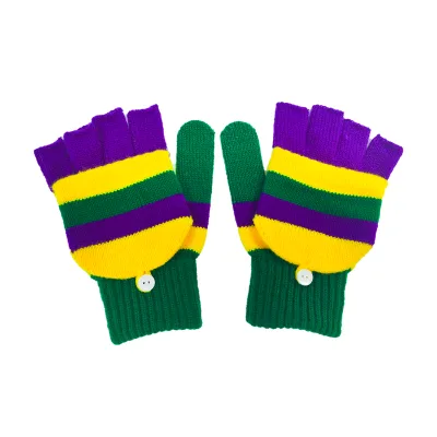 Colorful Mardi Gras Fingerless Mittens Unisex Striped Knit Festive Gloves
