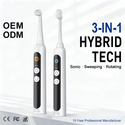 3-in-1 Rotasonic Toothbrush Sonic Sweeping Rotating, LCD Smart Rechargeable Electric Toothbrush, OEM FDA CE for Private Label