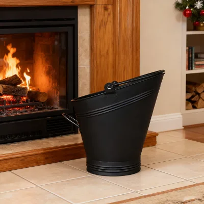 6.4 Gallon Black Metal Pellet Stove Fuel Bucket for Fireside Storage