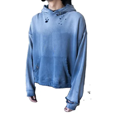 Bulk Streetwear Custom Screen Printing 420 Gsm Heavy Distressed Vintage Acid Wash Hoodies for Men