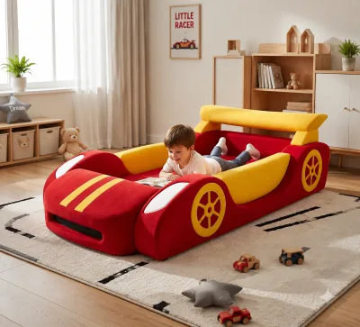 Custom Logo Modern Design Velvet Upholstered Low Profile Race Car Bed for Kids High Resilience Foam Hotel Use Vacuum Compressed