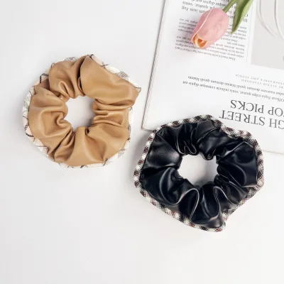 Korean Girlish PU Fabric Hair Bands Non-damaging Hair Accessories for Women Solid Color Hair Rope Checkered Edge Scrunchies