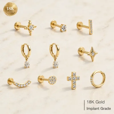 Real 18K Gold Cartilage Earring Stud Implant Grade CZ Bar Disc Cross Tragus Helix Rook Daith Lobe Nose Piercing Jewelry