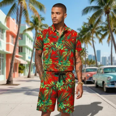 Men's Short Sleeve Shirt and Shorts Set Carnival Wear Wholesale Custom Logo Manufacturer Caribbean Cruise Outfits Havana Nights