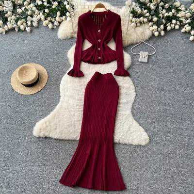 Women's Elegant 2 Piece Knit Set V Neck Ruffled Long Sleeve Peplum Cardigan High Waist Fishtail Maxi Skirt Fall Winter