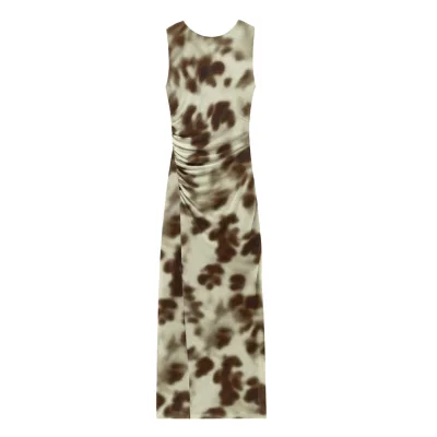 Sleeveless Pleated Side Slit Anti-Wrinkle Pencil Silhouette Casual Midi Summer Autumn Print Natural Waist Dress OEM Service