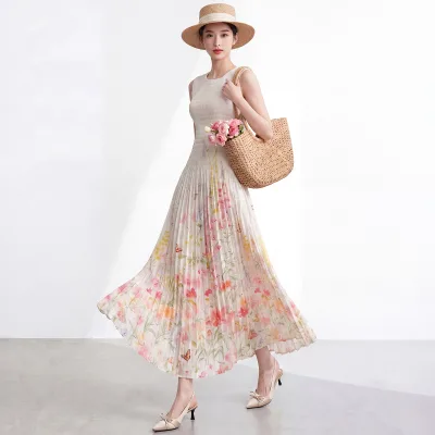 Romantic Woven Eco-Friendly Pleated Chiffon Sleeveless African Caftan Maxi Dress O-Neck Natural Waist Mid-Calf Summer Casual