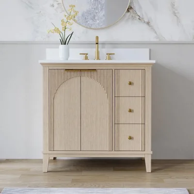 Modern Floor Mounted Bathroom Vanity Vertical Fluted Arch Panel Soft Close Doors Quartz Countertop Single Undercounter Ceramic